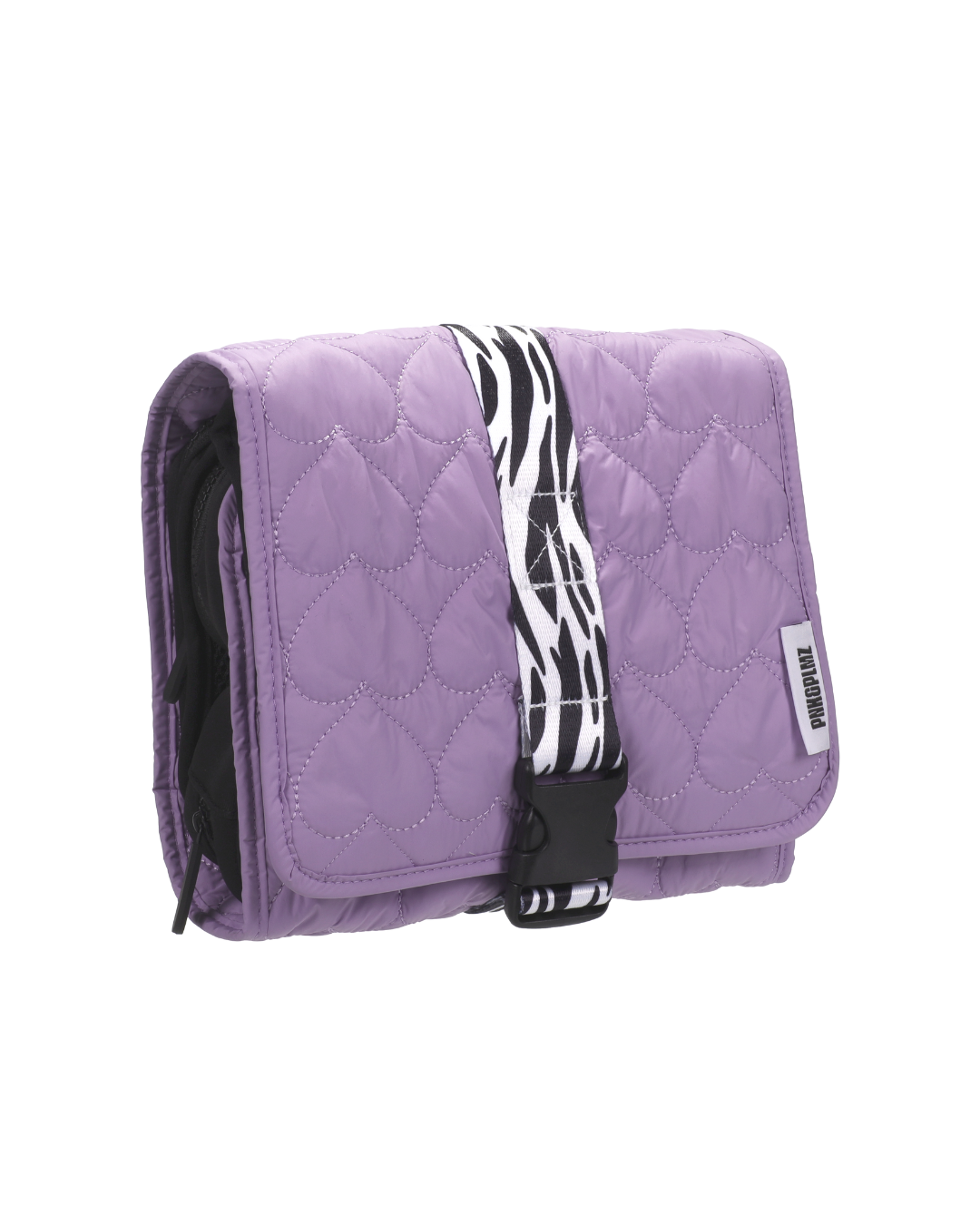 Zijaanzicht van de paarse reisset met modulaire indeling