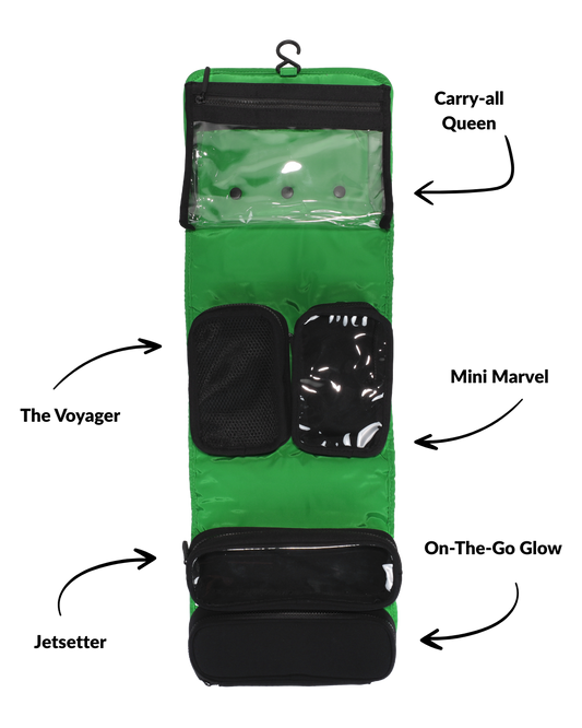 Groene travel set open met zicht op pouches en inhoud