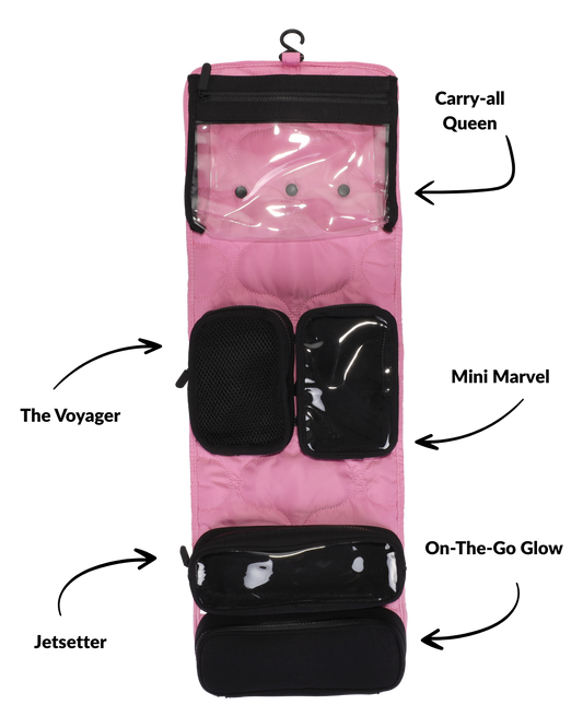 Roze travel set open met zicht op alle pouches en vakjes