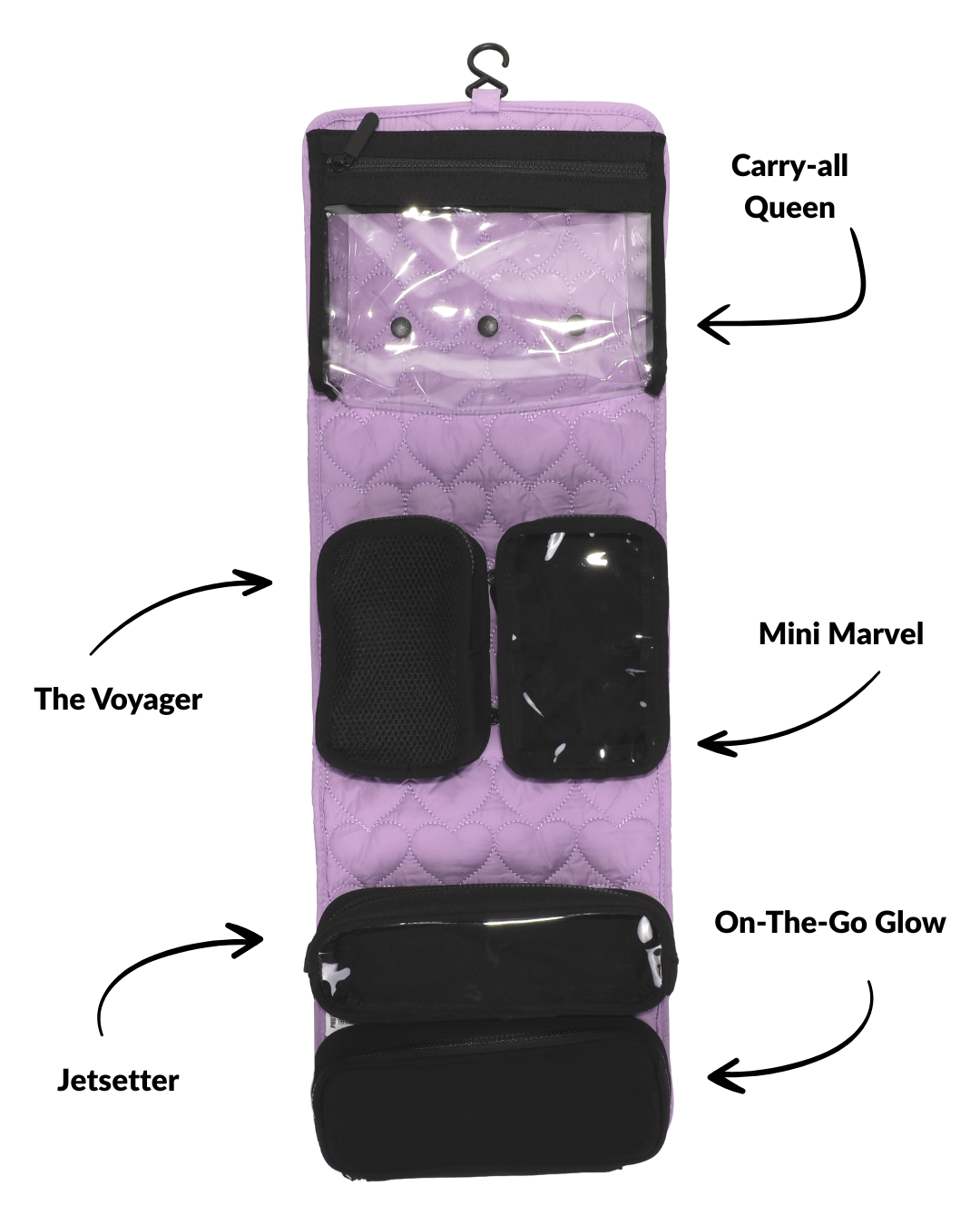 Paarse travel set open – overzicht van pouches en inhoud