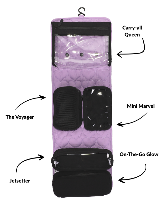 Paarse travel set open – overzicht van pouches en inhoud